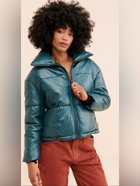 Anthropologie Nuuly Apparis Billie Crinkle Vegan Leather Puffer Green Jacket S